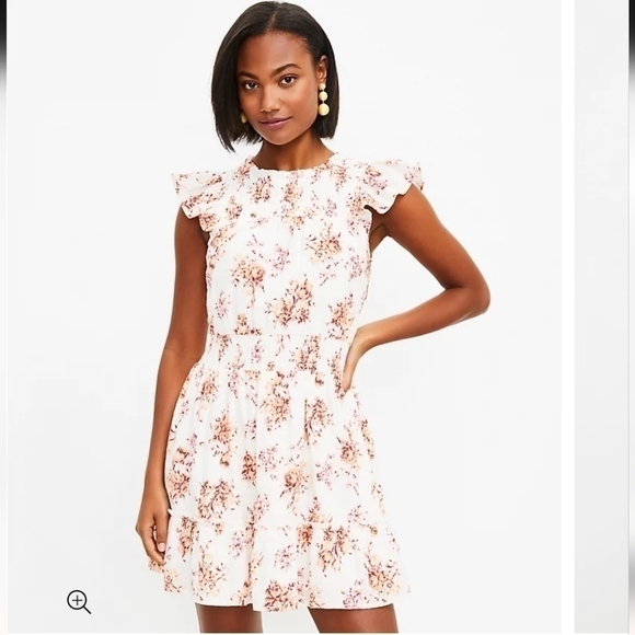 LOFT FLORAL SMOCKED RUFFLE FLARE DRESS, SZ MEDIUM - Picture 1 of 15
